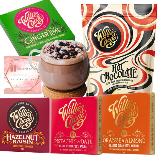 Natural Dark Chocolate & Hot Chocolate Powder 250g Hamper Gifts Box & Card Suitable for Dairy Free, Gluten Free & Vegan Health Gift Set for Christmas, Birthday, Valentine