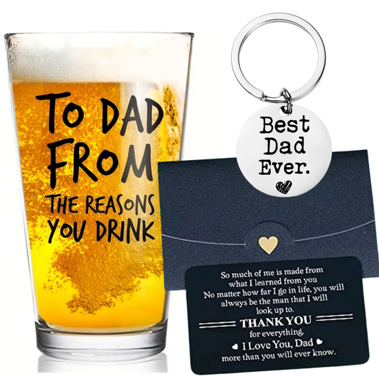 Gifts for Dad, 16 Oz Funny Beer Glass Fathers Day, Best Dad Key Ring & Cards for Birthday Valentines Christmas Easter for Dad Men Husband Stepdad Grandad & Father In Law